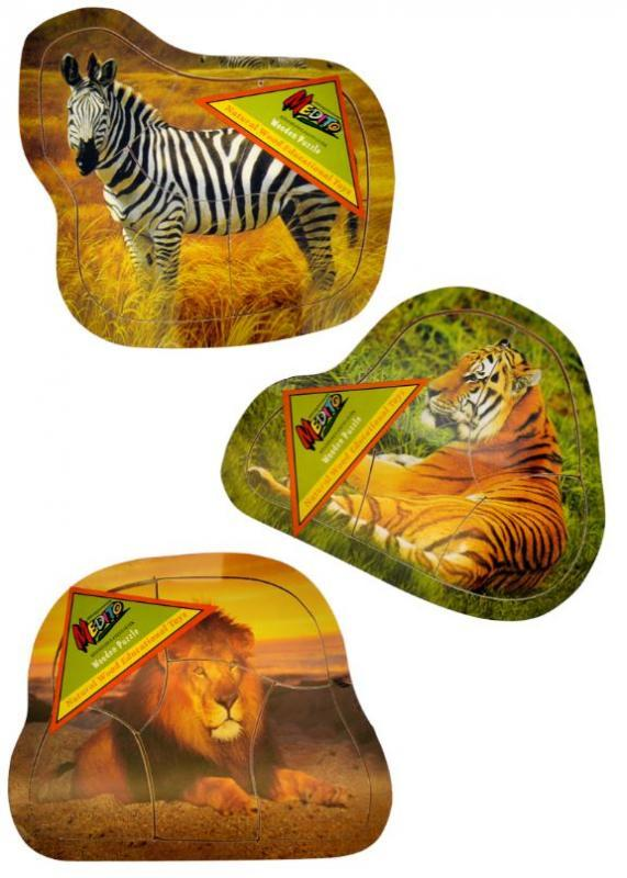 Vadállatos fa puzzle, 3-féle (tigris, zebra, oroszlán), 5 darabos